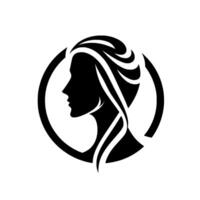 Silhouette of a womans profile within a circular frame, showcasing elegant hair and minimalist art. vector