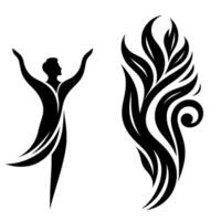 Silhouette of an Art Deco dancer with outstretched arms alongside an elegant flowing organic tribal , all rendered in stark black against white. vector