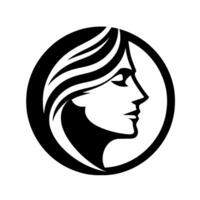 Elegant Silhouette of a Womans Profile Enclosed in a Black Circular Frame, Featuring Flowing Hair, on a White Background. vector