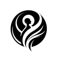 A minimalist monochrome features a human silhouette within a circle of flowing, winglike elements, evoking themes of growth and serenity. vector