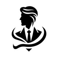 Stylish Silhouette of a Business Professional in Black and White, Wearing Suit and Tie, and surrounded by elegant flowing curves, against a white background. vector