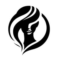 A stylized black and white featuring a womans face with flowing hair framed within a circular outline, emanating elegance. vector