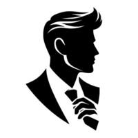 Silhouette of a stylish man in a suit, adjusting his tie with a clean, modern aesthetic and a side profile view. vector