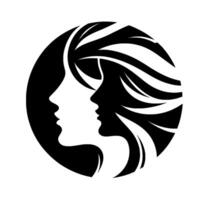 Elegant Silhouette of Two Women in Profile, Contained Within a Circle, Featuring Flowing Hair in a Black and White Minimalist . vector