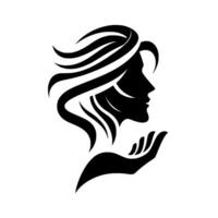 Elegant Black Silhouette of a Womans Profile with Flowing Hair and a Delicate Hand, Set Against a Pure White Background. vector