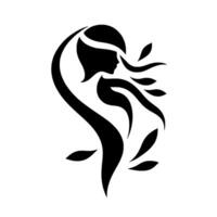 Silhouette of a womans profile intertwined with flowing lines and leaf elements, creating a graceful, artistic composition in black and white. vector