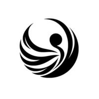 Abstract Black and White A stylized figure within a circle, representing wings or a bird, with textured details and a subtle shadow. vector