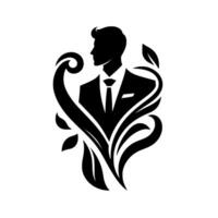 Silhouette of a Man in a Suit Emerging from Floral Foliage, Expressing Elegance, Strength, and Organic Fusion. vector