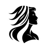 Elegant Silhouette Womans Profile with Flowing Hair, a Simple Black and White Depicting Grace and Femininity on a Clean White Background. vector