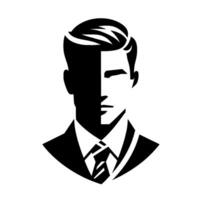 Minimalist Monochrome Illustration ShadowSplit Face of a Suited Man, Representing Duality in Profile, Business and Professional Style vector