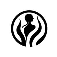 Elegant Black Silhouette of a Woman in Circle, Surrounded by Abstract, LeafLike Forms, on White Background. vector