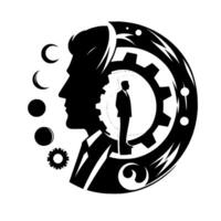 A silhouette of a mans profile with inner workings depicted through gears and moon phases, representing the minds complexity. vector