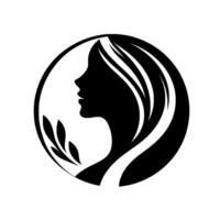 Silhouette of a womans profile within a circle, styled with flowing hair and delicate leaves, minimalist concept. vector
