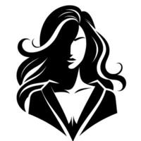 Elegant black and white illustration of a woman with flowing hair and a blazer, set against a white background, in a minimalist style. vector