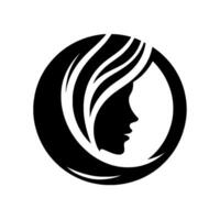 Elegant Black and White Silhouette of a Womans Profile and Flowing Hair Encased Within a Circular Frame, Clean Style vector