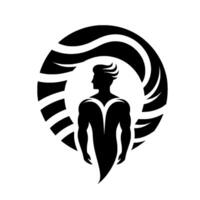 Silhouette of a muscular man, looking over his shoulder, framed by a stylized circular element of black flowing lines, on a white background. vector