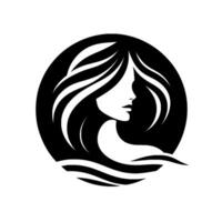 Elegant Black and White Silhouette of a Womans Profile, Long Flowing Hair Within a Circular Frame, Minimalist Style. vector