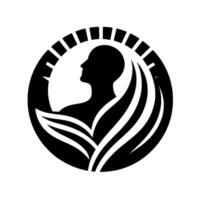 A minimalist circular featuring a human silhouette and organic shapes suggestive of growth and enlightenment. The is framed by a segmented arch. vector