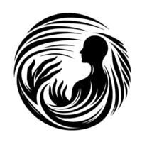 Silhouette of a person with a graceful profile, embraced by organic, swirling lines and stylized hands, forming a circle within a serene, minimalist composition. vector
