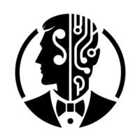 Abstract Silhouette of a Gentleman with a Circuit Board Brain in a Circular Frame, Symbolizing Artificial Intelligence. vector