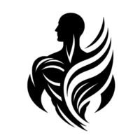 Silhouette of a Muscular Man with Flowing, Abstract on Back, in Black and White. vector