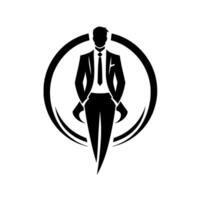 Sleek black silhouette of a suited man within a circular emblem, embodying confidence, business, and stylized on white background. vector