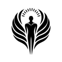 Minimalist black and white of a figure with stylized wings and a radiant halo, representing enlightenment and protection. vector