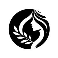 Elegant black and white silhouette of a womans profile within a circle, adorned with flowing hair and a laurel branch, evoking beauty and grace. vector
