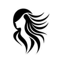 Sleek silhouette of a womans face in profile, with flowing, stylized black hair emerging from a dark circular background. vector