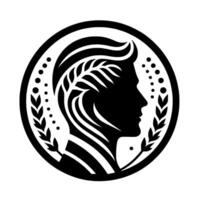 A sleek black and white emblem featuring a mans profile within a circle, adorned with laurel, dotted details, and stylized foliage. vector
