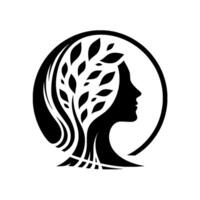Symbolic black and white featuring a womans silhouette with leafy hair inside a circular frame, evoking nature and harmony. vector