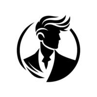 Silhouette of a stylish man in a suit, enclosed in a circle, showcasing his profile with distinctive hair. vector