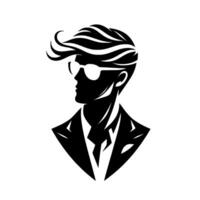 Silhouette of a stylish man in a suit and glasses with unique wavy hairstyle, . vector