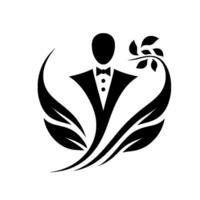 Elegant Black and White Minimalist Depicting a Formal Figure with Bowtie Encircled by Floral Elements. vector