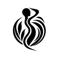 Elegant Black and White Abstract Featuring a Silhouetted Human Figure Surrounded by Stylized Leaflike Shapes in a Circular Composition. vector
