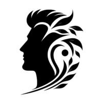 Silhouette of a Mans Profile Adorned with Leafy Vines and a YinYangEsque Detail, Monochrome, Minimalist vector