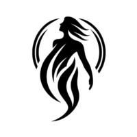Silhouette of a woman surrounded by an abstract, flamelike within a circular frame, against a stark white backdrop, evoking a sense of ethereal grace. vector