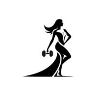 A silhouette of a woman in a flowing evening gown poses with a dumbbell, blending fitness with elegance, embodying strength. vector