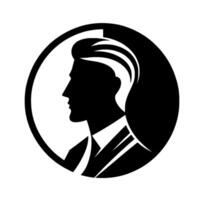 A stylish male silhouette in profile within a circular frame, showcasing a sharp haircut, suit, and stark contrast of black and white. vector