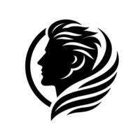 Silhouette Portrait Within a Circle, Depicting a Profile of a Man with Stylized Hair and WingLike Embellishments, Set Against a White Background. vector