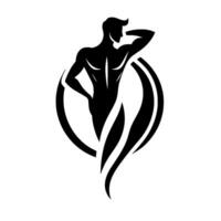 A minimalist black and white silhouette of a muscular male figure within a stylized circular and flamelike , expressing strength. vector