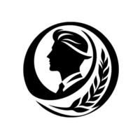 Elegant Black and White Silhouette of a Man in Profile, Enclosed by a Circle and Laurel Leaves, Symbolizing Achievement and Sophistication. vector
