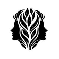 Symmetrical Black and White Silhouette Composition of Two Human Profiles Adorned with Leafy Branch Hair, Representing Nature and Unity. vector