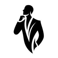 A minimalist black and white silhouette of a man in a suit, posing with a hand on his chin, conveying thoughtfulness. vector