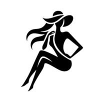 Elegant Silhouette of a Woman in a WideBrimmed Hat, Posing with Grace and Style, Against a Clean White Background. vector
