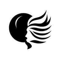 Silhouette of a womans profile with flowing hair, intertwined with a crescent moon, in a minimalist, blackandwhite . vector