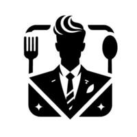 Stylized Black and White Restaurant Silhouetted Formal Man with Fork, Spoon, and Geometric . vector