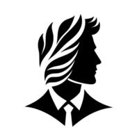 A stylized black and white silhouette of a man in profile, with a featherlike hairstyle, wearing a suit and tie, on a plain white background. vector