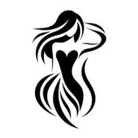 Elegant Illustration of a Woman in a Flowing Gown, Silhouetted in Black on a White Backdrop. vector