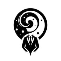 Abstract Black and White Illustration of a Business Suit with a Swirling Galaxy Brain and a Silhouette Head. vector